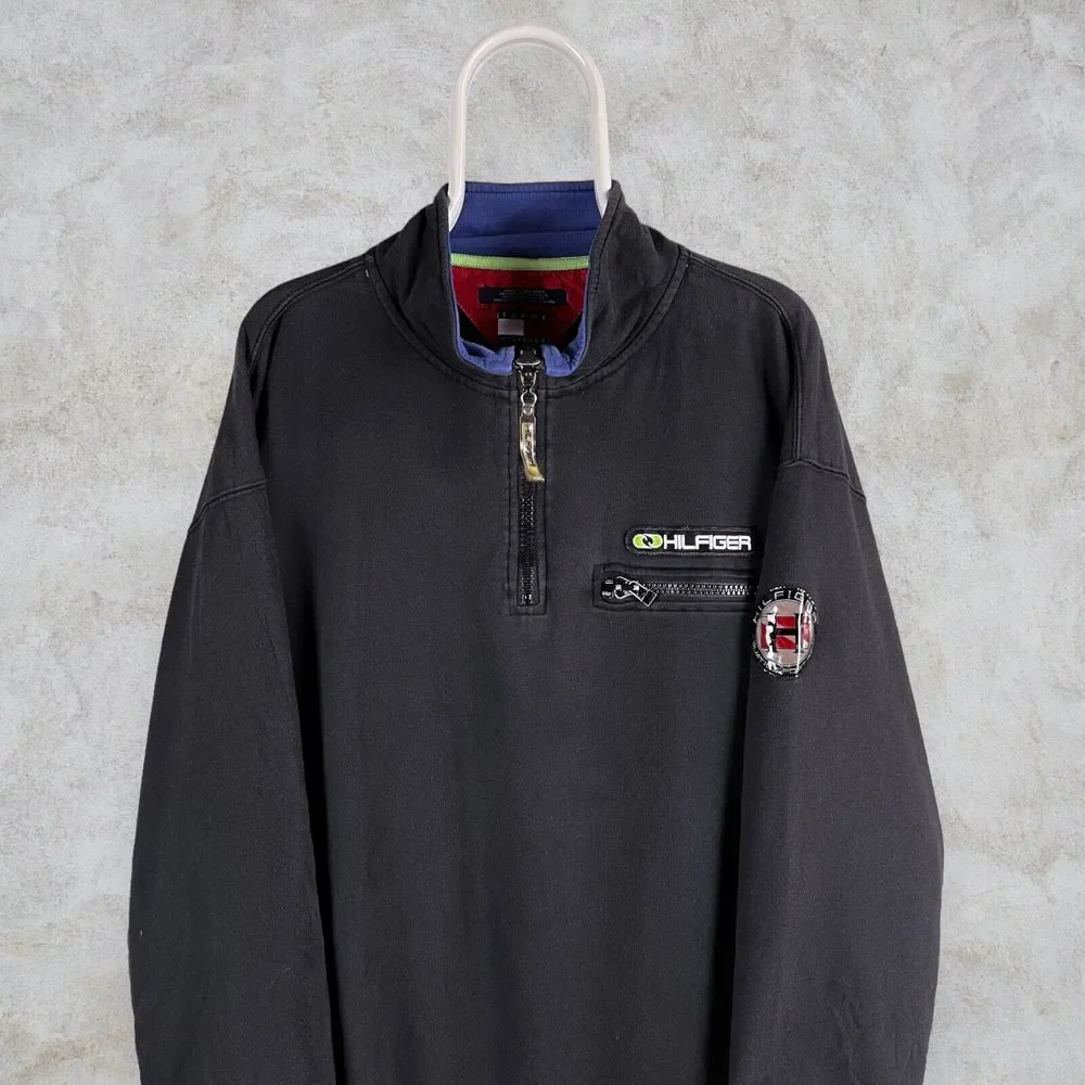 Vintage Black Tommy Hilfiger Sweatshirt 1/4 Zip Mens XL - Picture 1 of 6